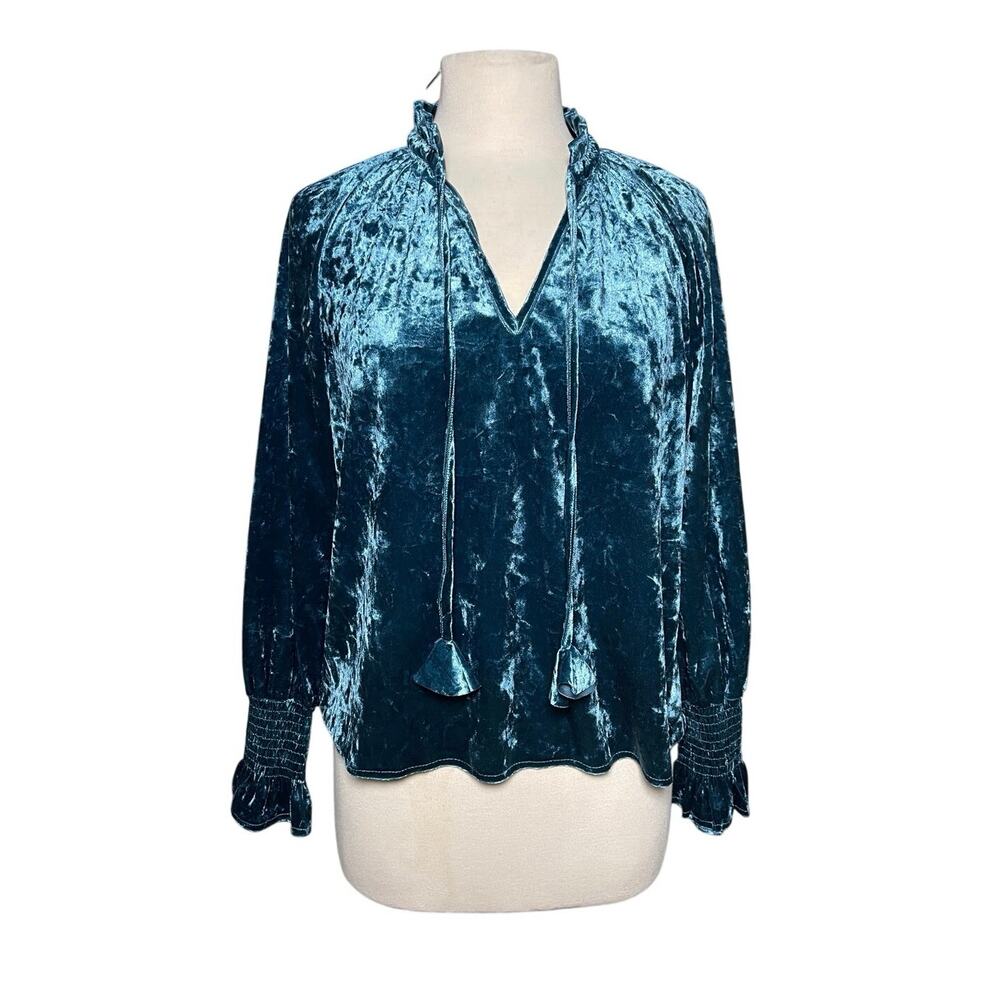 ANTHROPOLOGIE BTFL-life Women’s Blue Crushed Velvet Vneck Long Sleeve